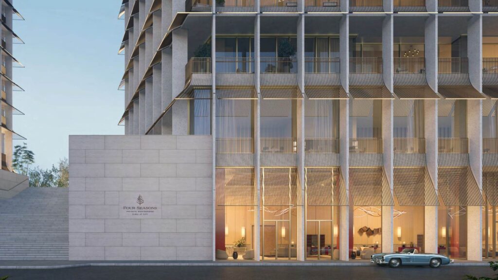 Architectural facade of the Four Seasons Private Residence DIFC, showcasing its modern and elegant design.