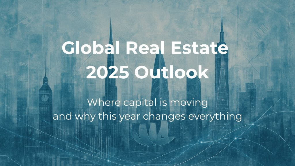 Global skyline representing international real estate trends with title overlay “Global Real Estate 2025 Outlook