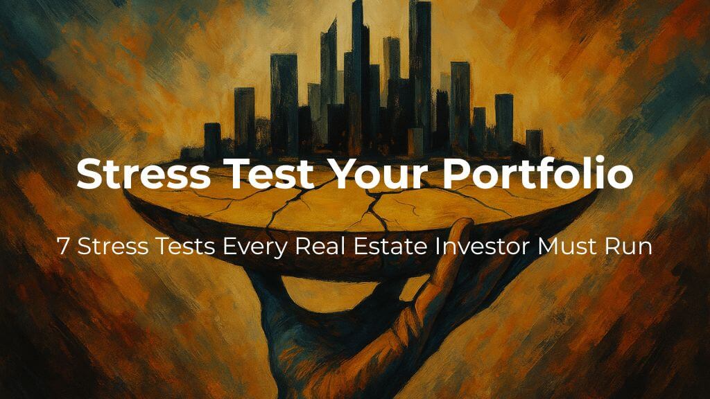 Stress Test Your Real Esatate Portfolio Investment Strategy A painting-style illustration of a hand holding a cracked platform with a futuristic city skyline on top, symbolizing stress-testing a real estate portfolio.